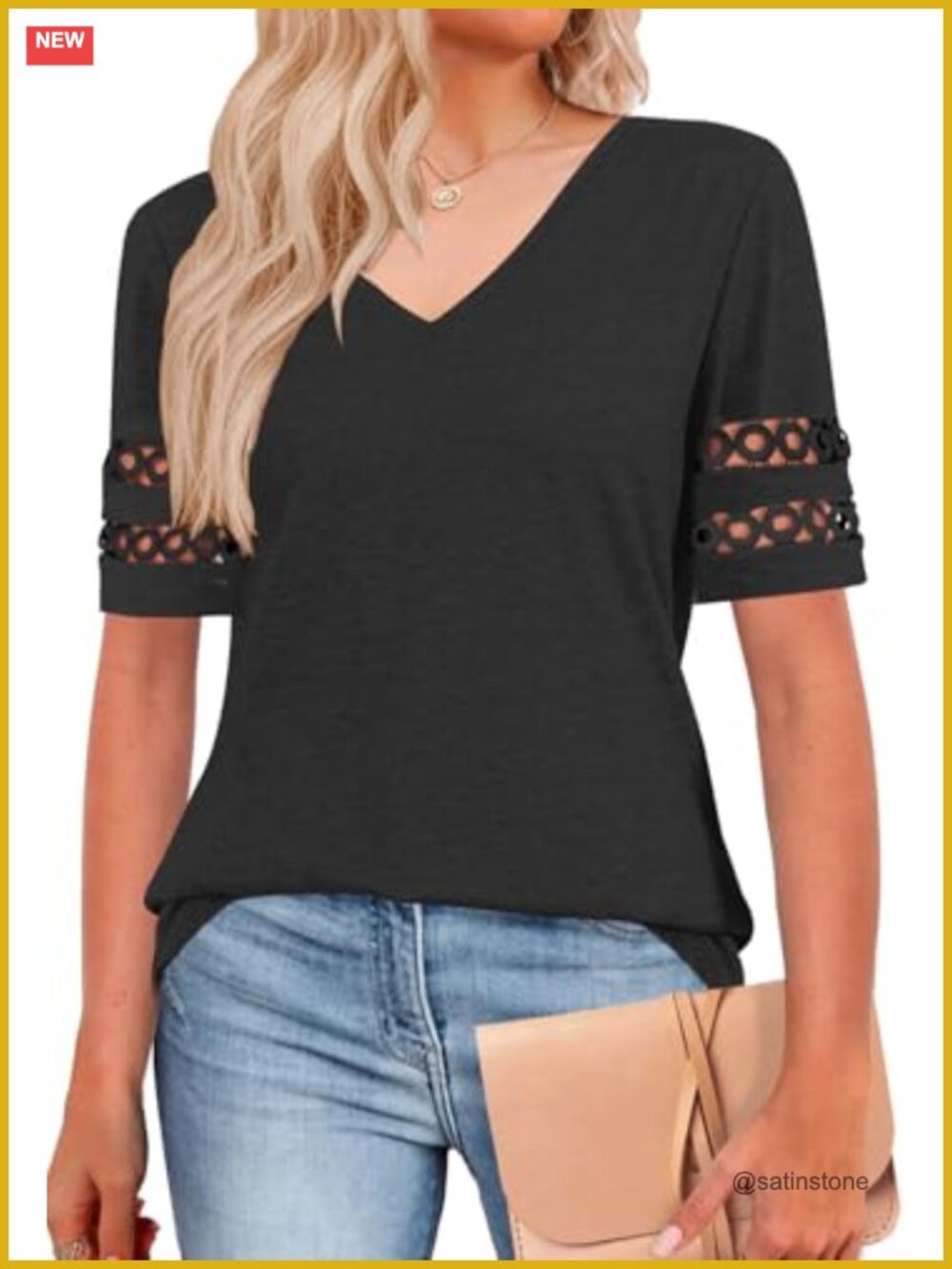 Womens V Neck Short Sleeve T Shirt Lace Trim Loose Fit Summer Casual